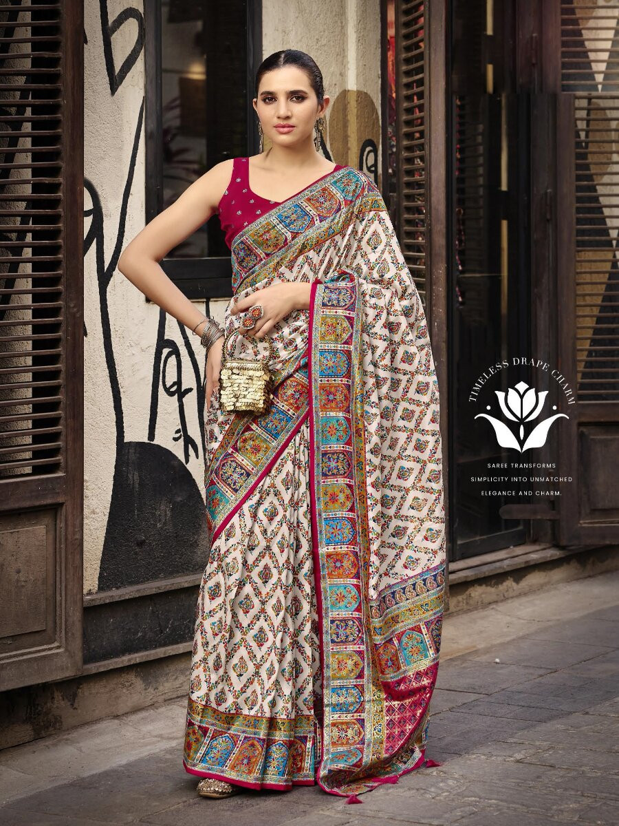 Off White Silk Printed Wedding Reception Party Festival Casual Heavy Border Sarees