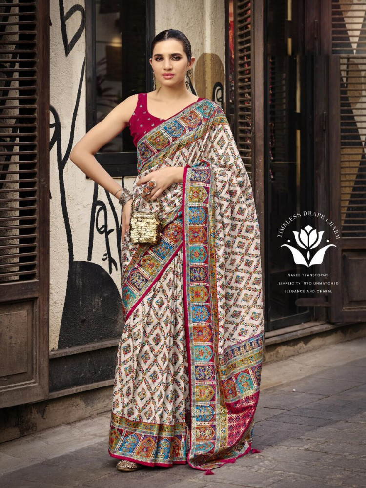 Image of Off White Silk Printed Wedding Reception Party Festival Casual Heavy Border Sarees