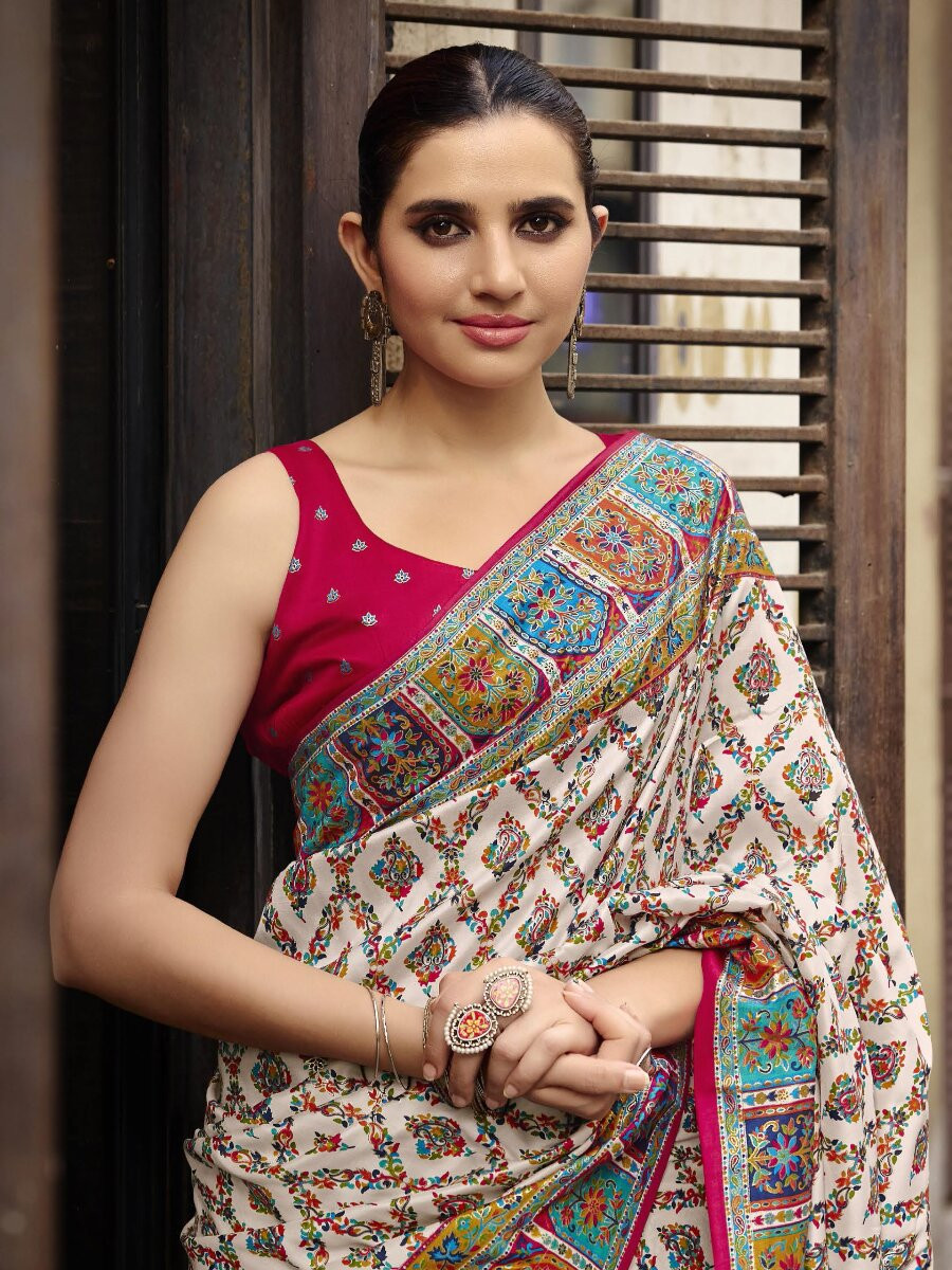 Off White Silk Printed Wedding Reception Party Festival Casual Heavy Border Sarees