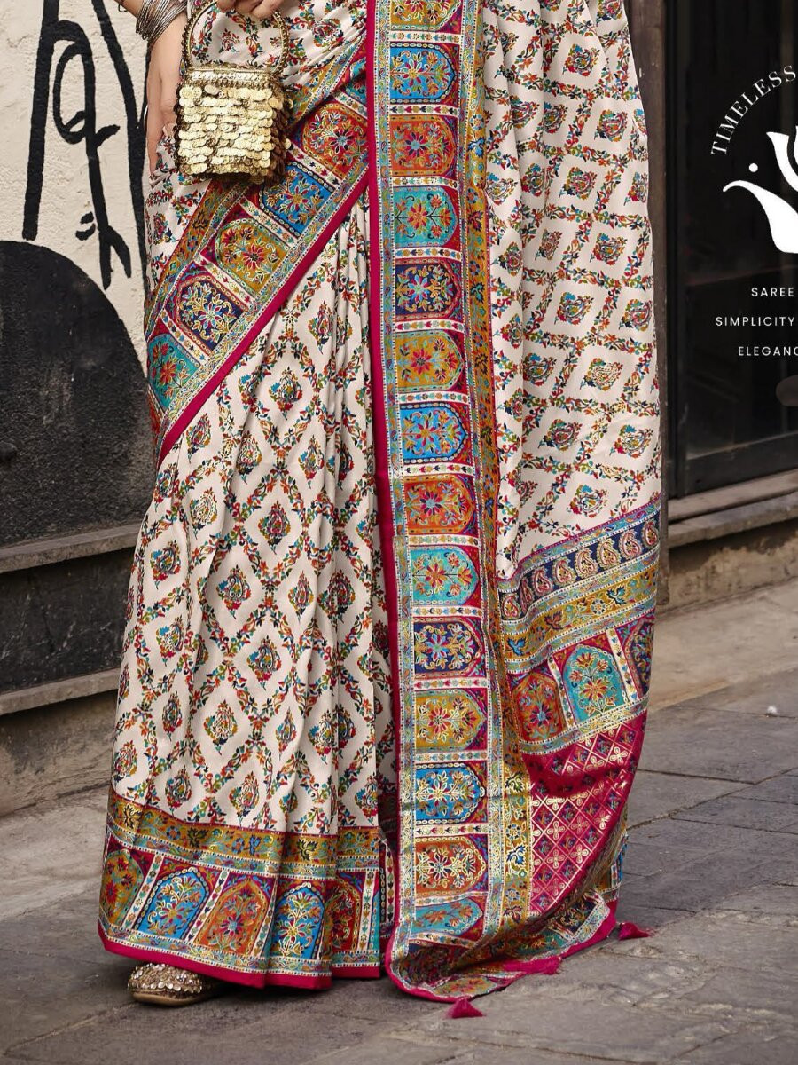 Off White Silk Printed Wedding Reception Party Festival Casual Heavy Border Sarees