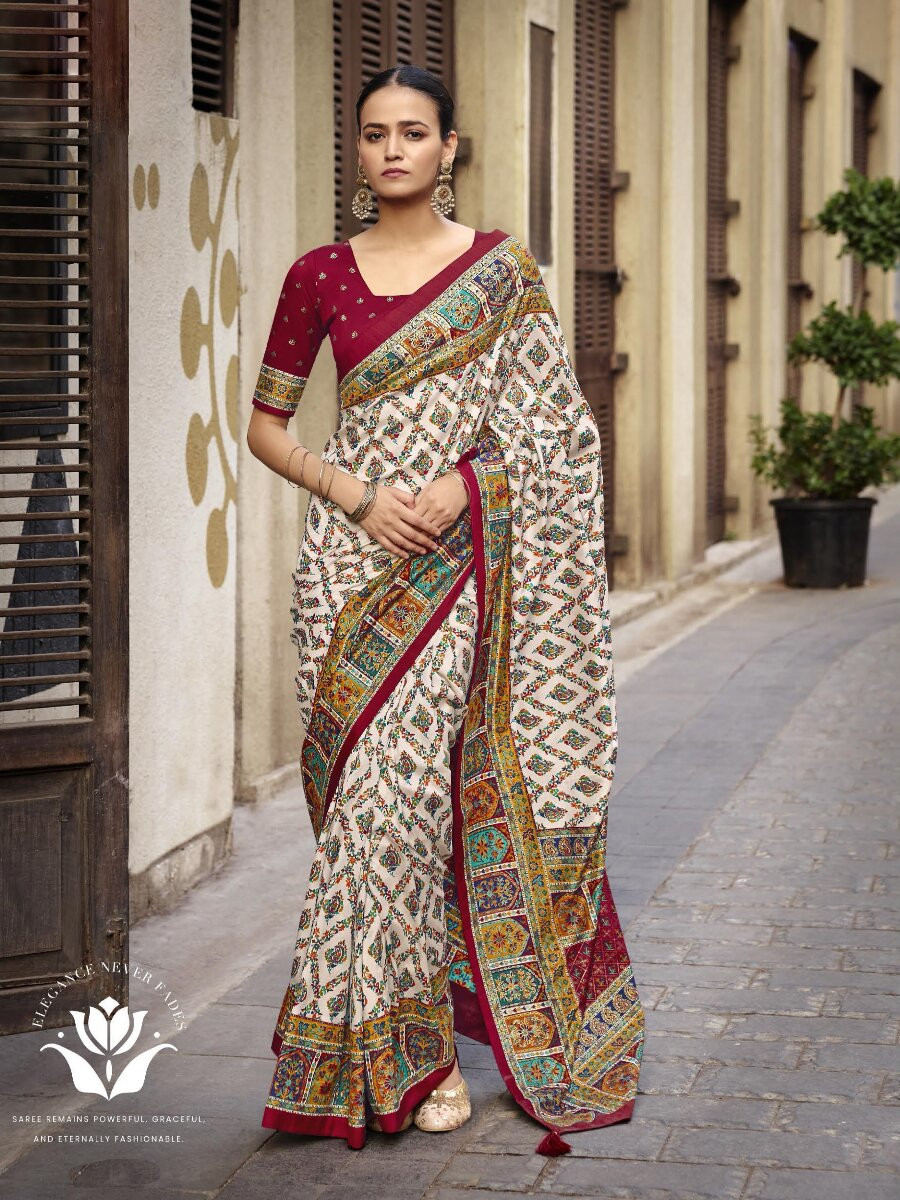 Off White Silk Printed Wedding Reception Party Festival Casual Heavy Border Sarees