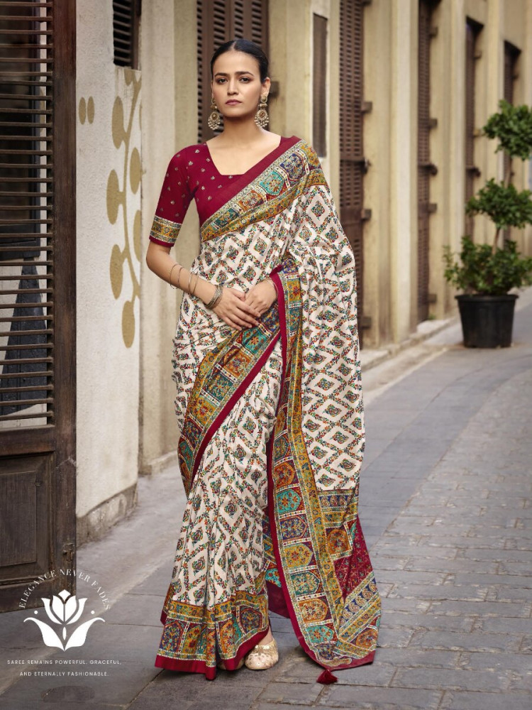 Image of Off White Silk Printed Wedding Reception Party Festival Casual Heavy Border Sarees