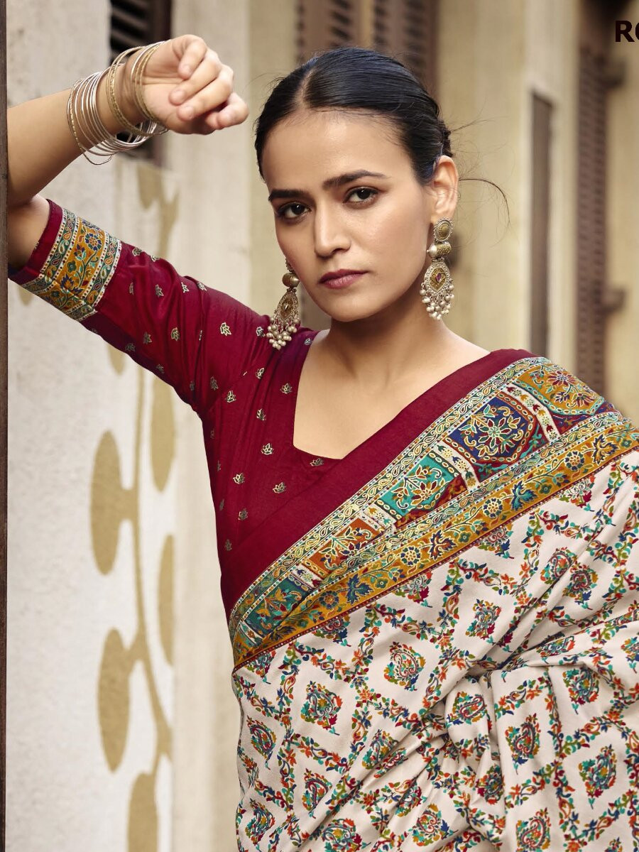 Off White Silk Printed Wedding Reception Party Festival Casual Heavy Border Sarees