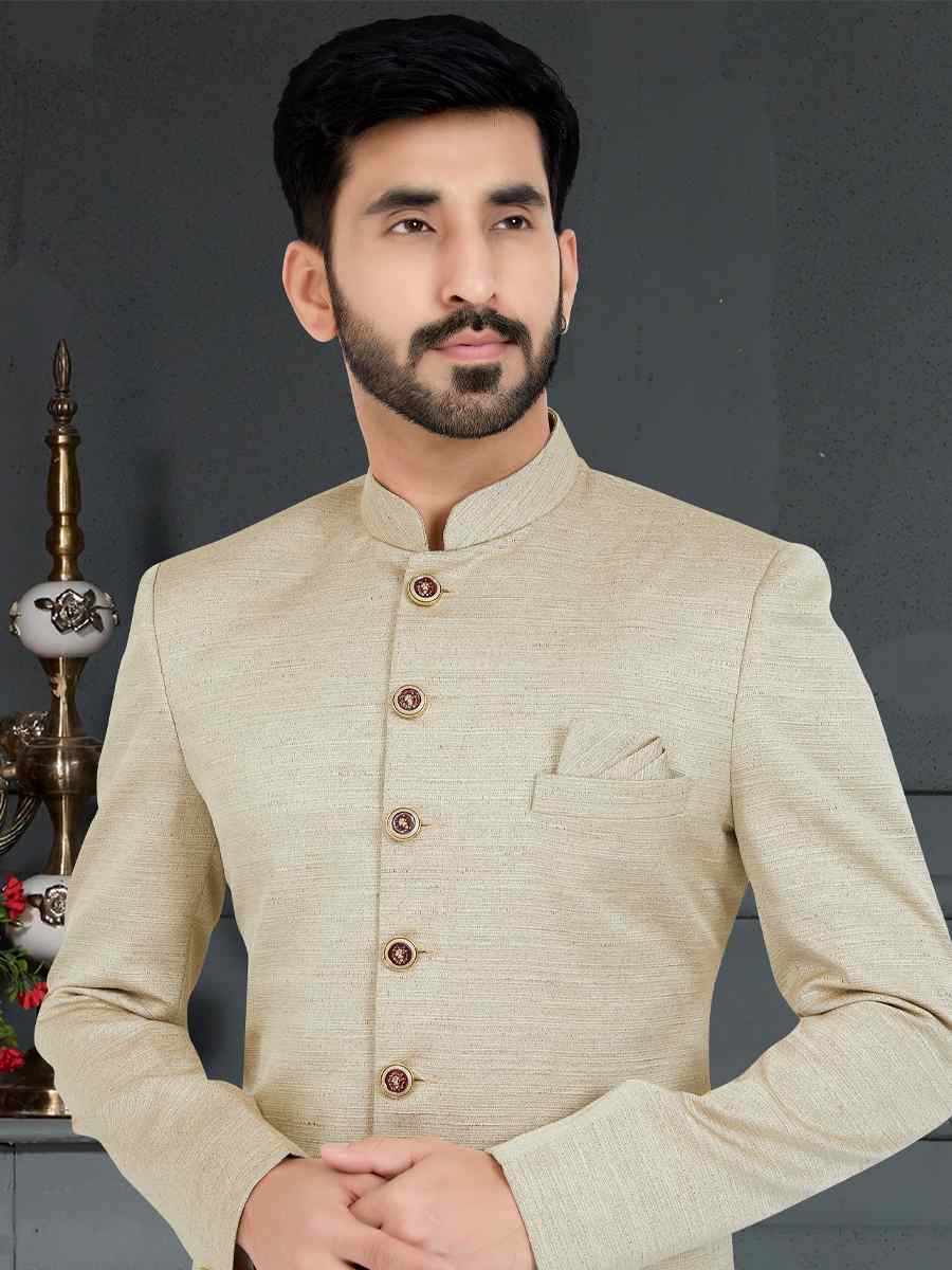 Off White Silk Weaving Jecquard Woven Festival Party Sherwani