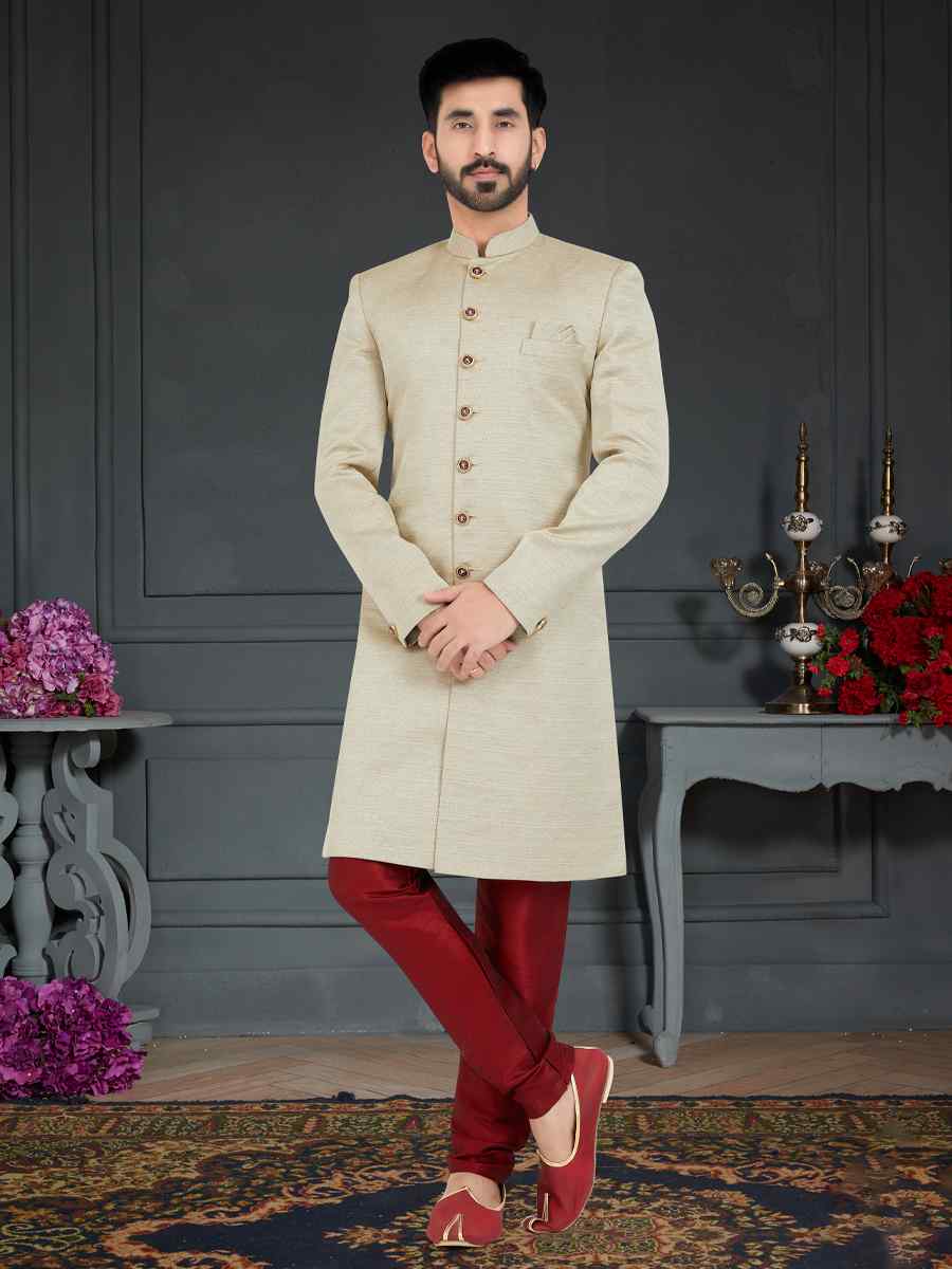 Off White Silk Weaving Jecquard Woven Festival Party Sherwani