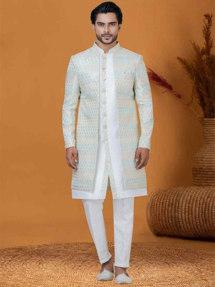 Off White Sky Jacquard Silk Woven Groom Wedding Sherwani