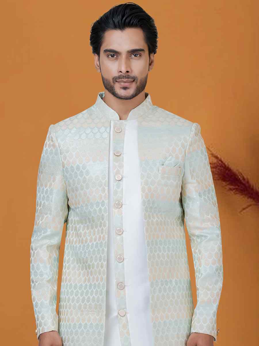 Off White Sky Jacquard Silk Woven Groom Wedding Sherwani