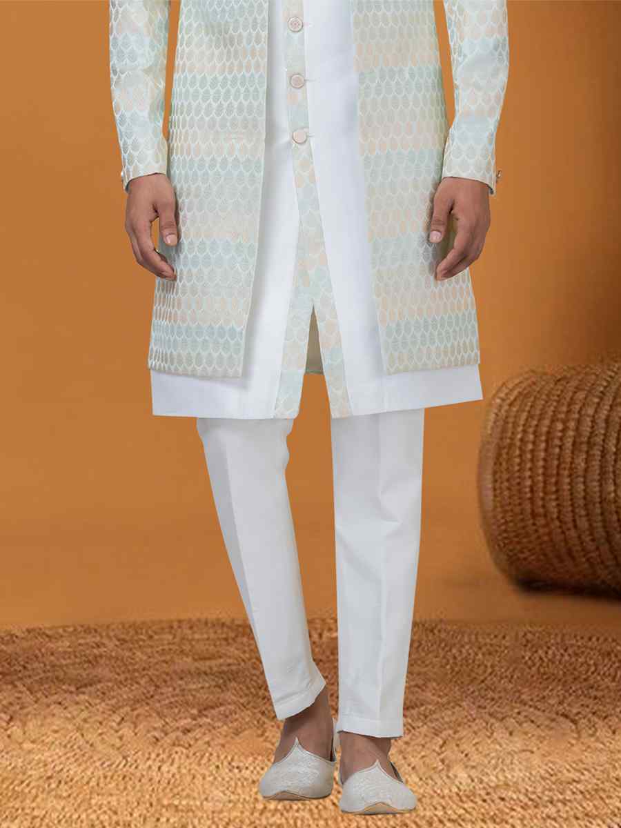 Off White Sky Jacquard Silk Woven Groom Wedding Sherwani