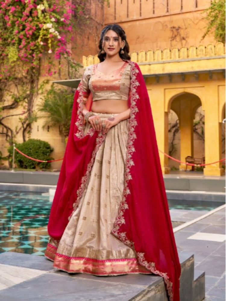Image of Off White Slub Kota Silk Zari Weaving Work With Paithani Jacquard Border Wedding Reception Party Festival Heavy Border Lehenga Choli