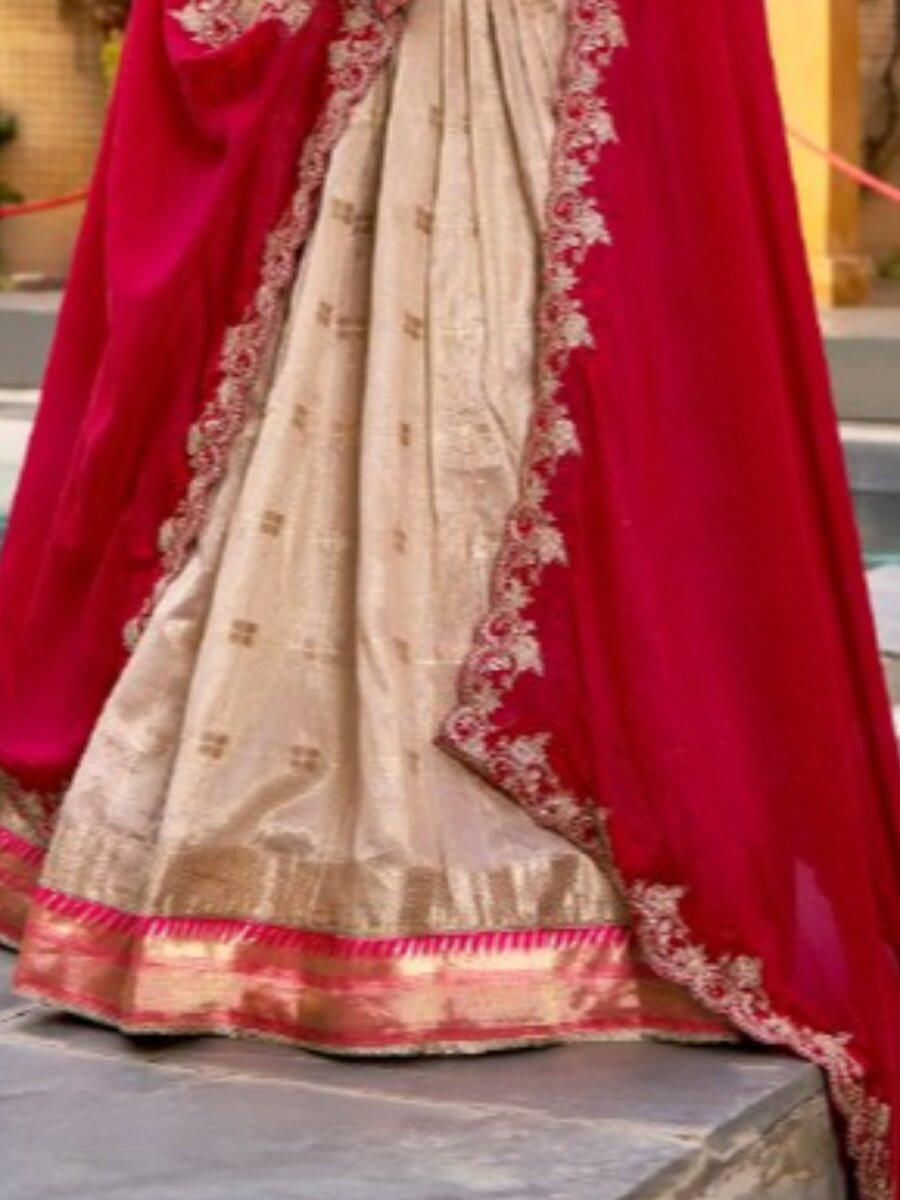 Off White Slub Kota Silk Zari Weaving Work With Paithani Jacquard Border Wedding Reception Party Festival Heavy Border Lehenga Choli