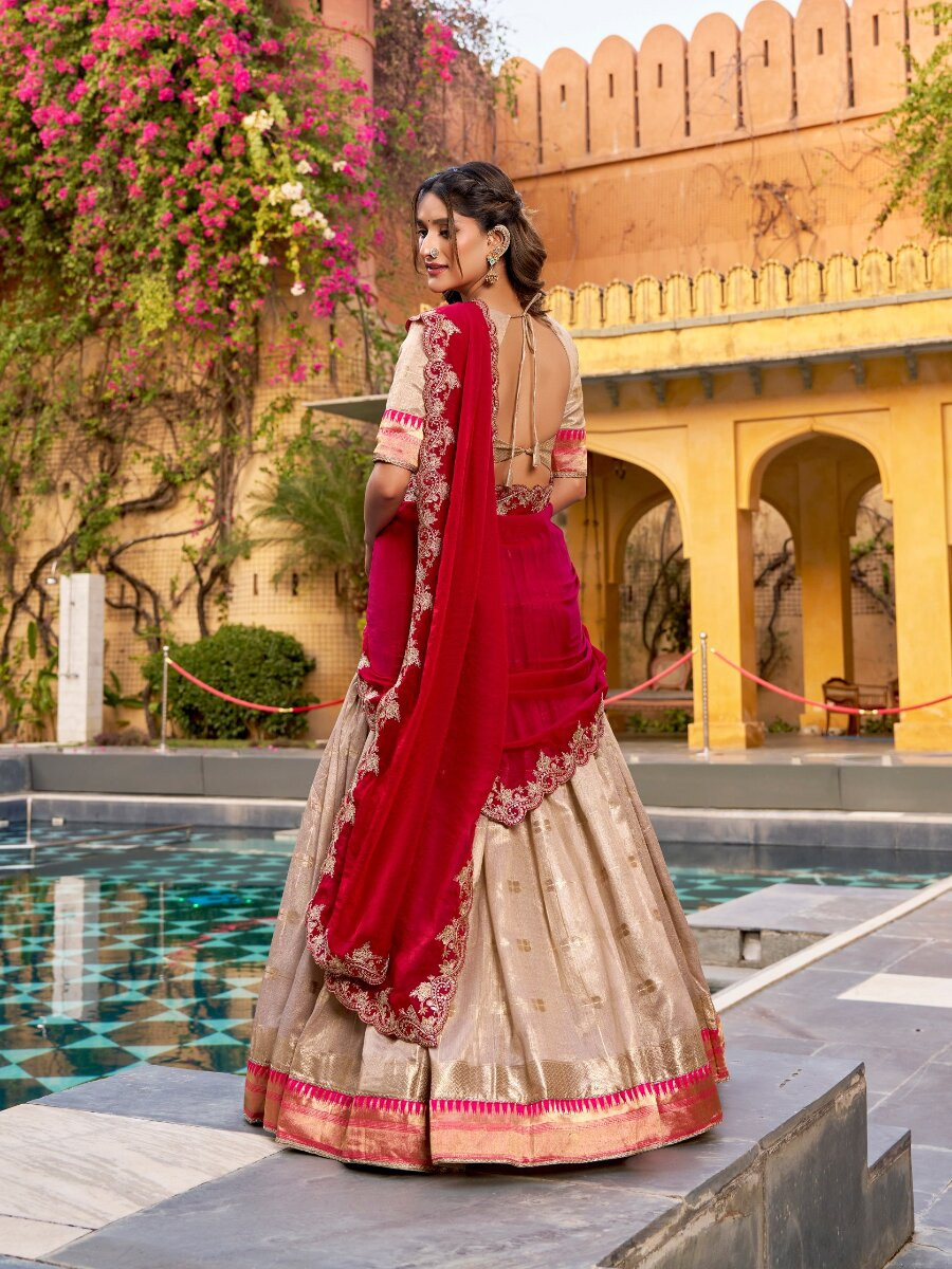 Off White Slub Kota Silk Zari Weaving Work With Paithani Jacquard Border Wedding Reception Party Festival Heavy Border Lehenga Choli