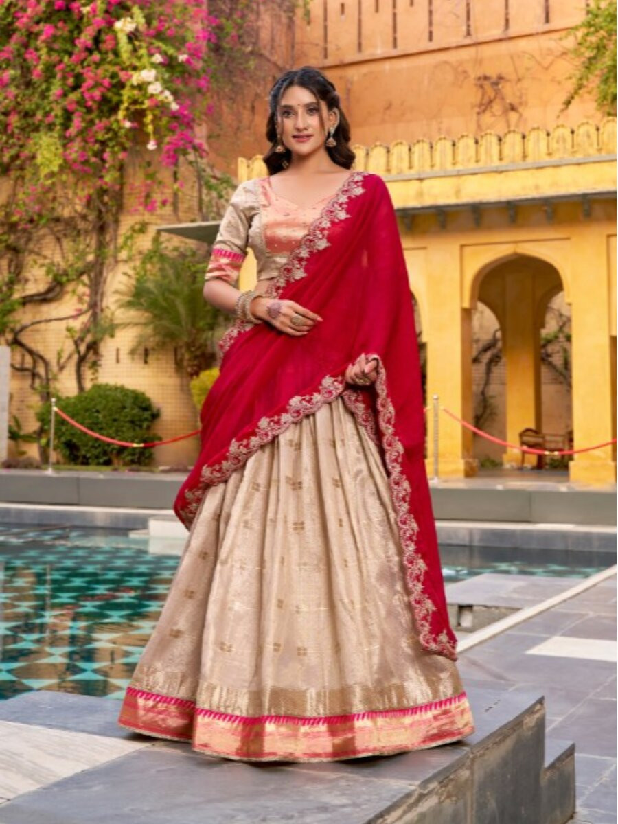 Off White Slub Kota Silk Zari Weaving Work With Paithani Jacquard Border Wedding Reception Party Festival Heavy Border Lehenga Choli