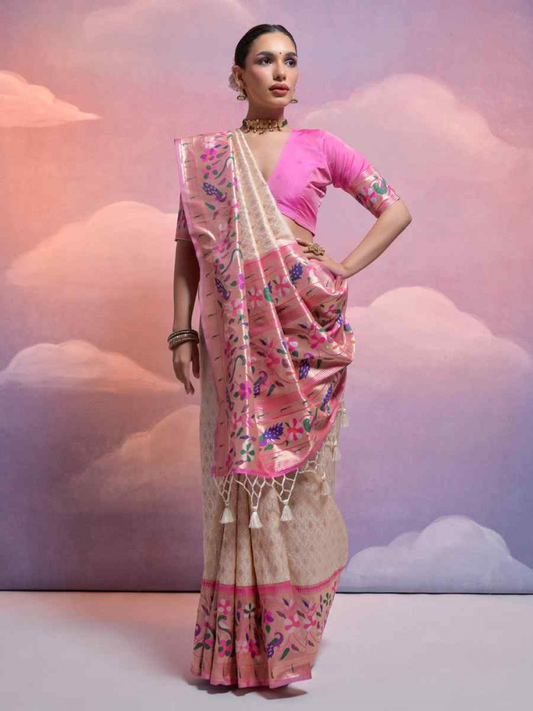 Image of Off White Soft Banarasi Silk Kanjivaram Party Bridal Reception Festival Wedding Fancy Heavy Border Saree