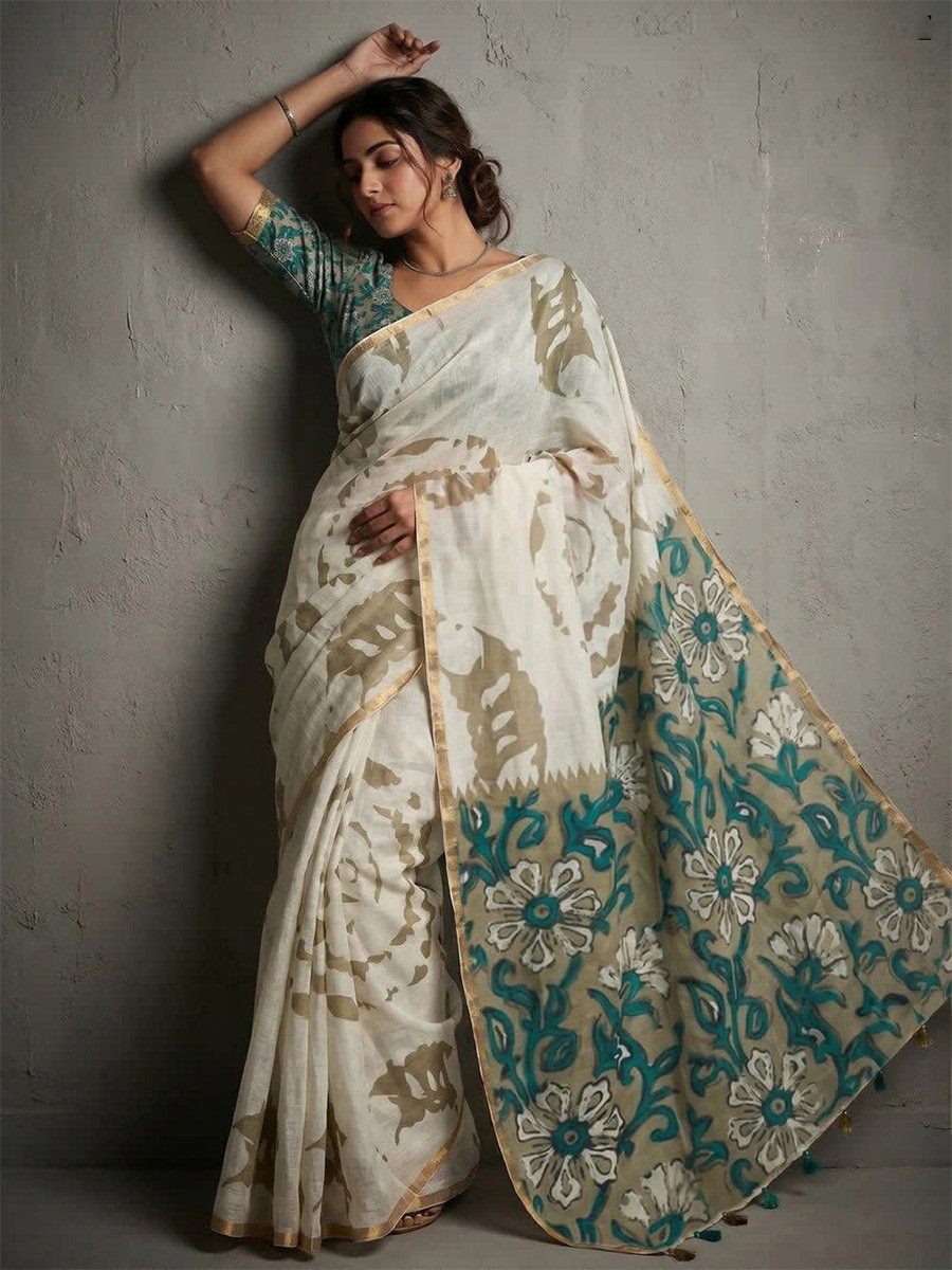 Off White Soft cotton based Linen Fancy Kalamkari Print Zari border Wedding Reception Party Festival Casual Heavy Border Sarees