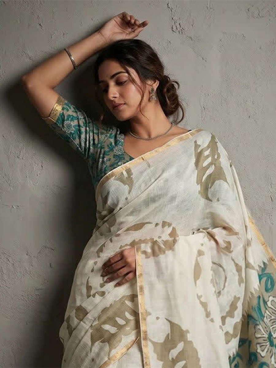Off White Soft cotton based Linen Fancy Kalamkari Print Zari border Wedding Reception Party Festival Casual Heavy Border Sarees
