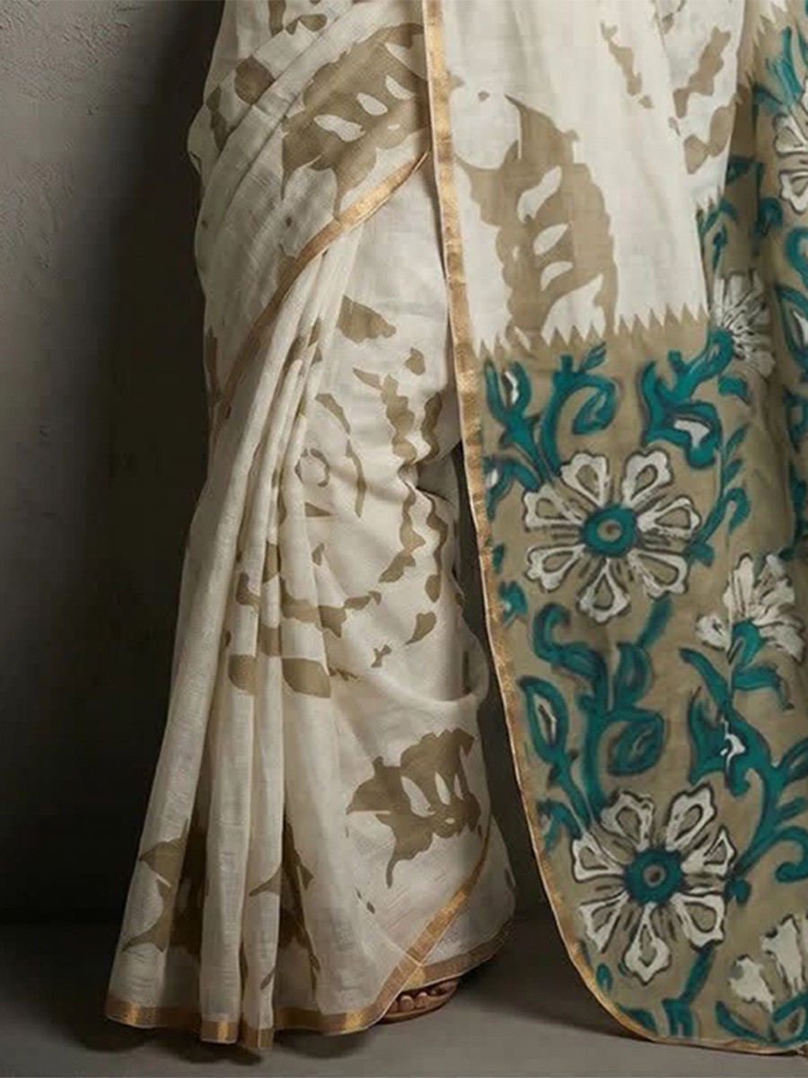 Off White Soft cotton based Linen Fancy Kalamkari Print Zari border Wedding Reception Party Festival Casual Heavy Border Sarees