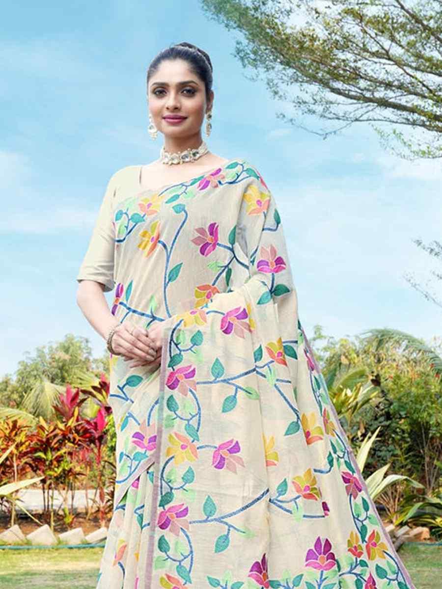 Off-White Soft Cotton Printed Festival Wedding Fancy Casual Contemporary Saree