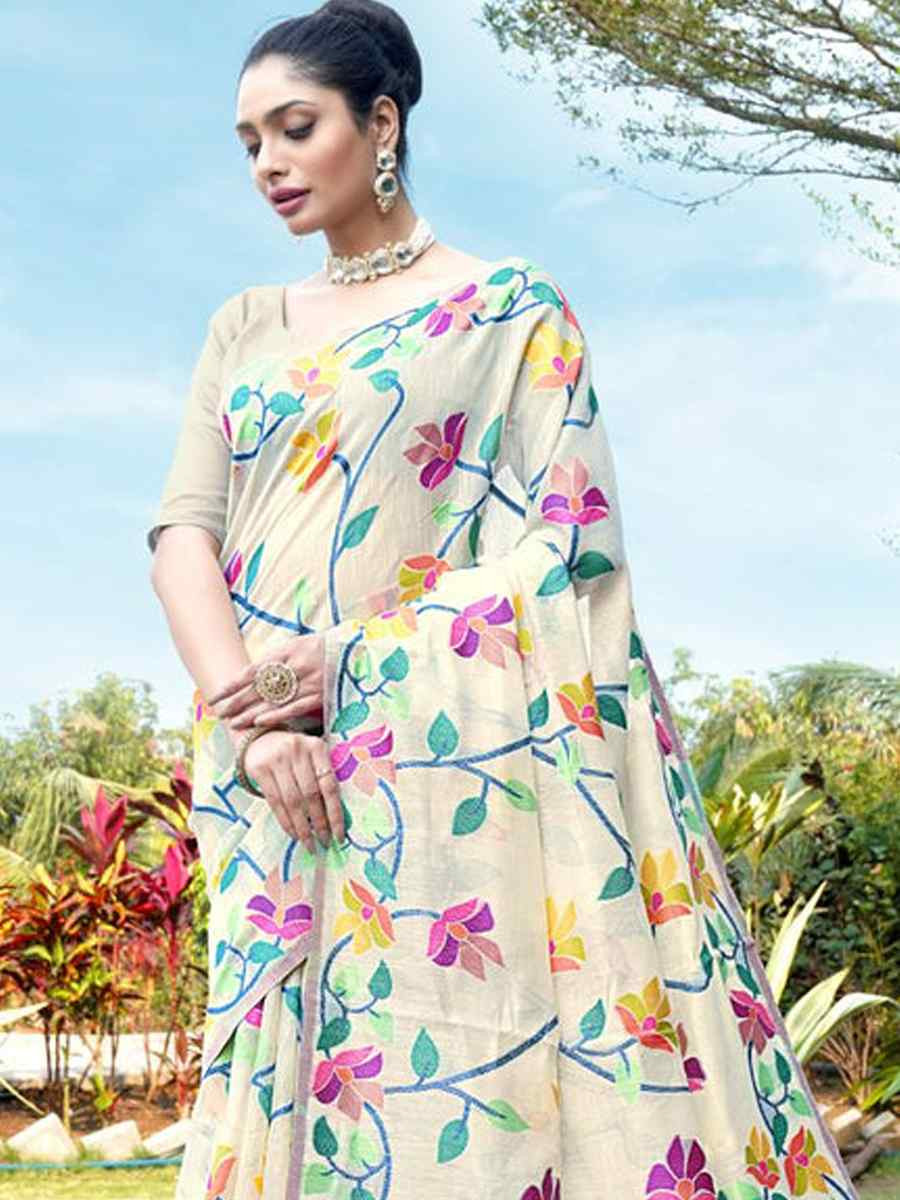 Off-White Soft Cotton Printed Festival Wedding Fancy Casual Contemporary Saree