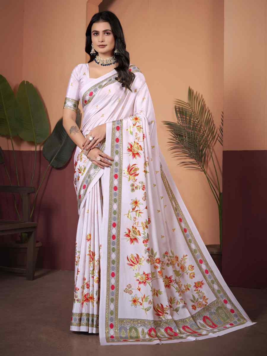 Off White Soft Crepe Silk Printed Festival Wedding Heavy Border Saree