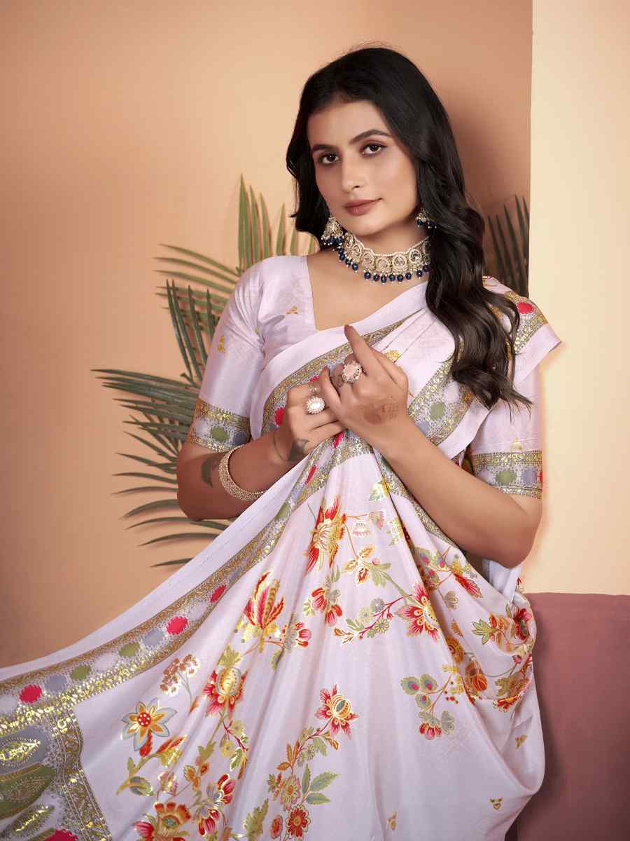 Off White Soft Crepe Silk Printed Festival Wedding Heavy Border Saree