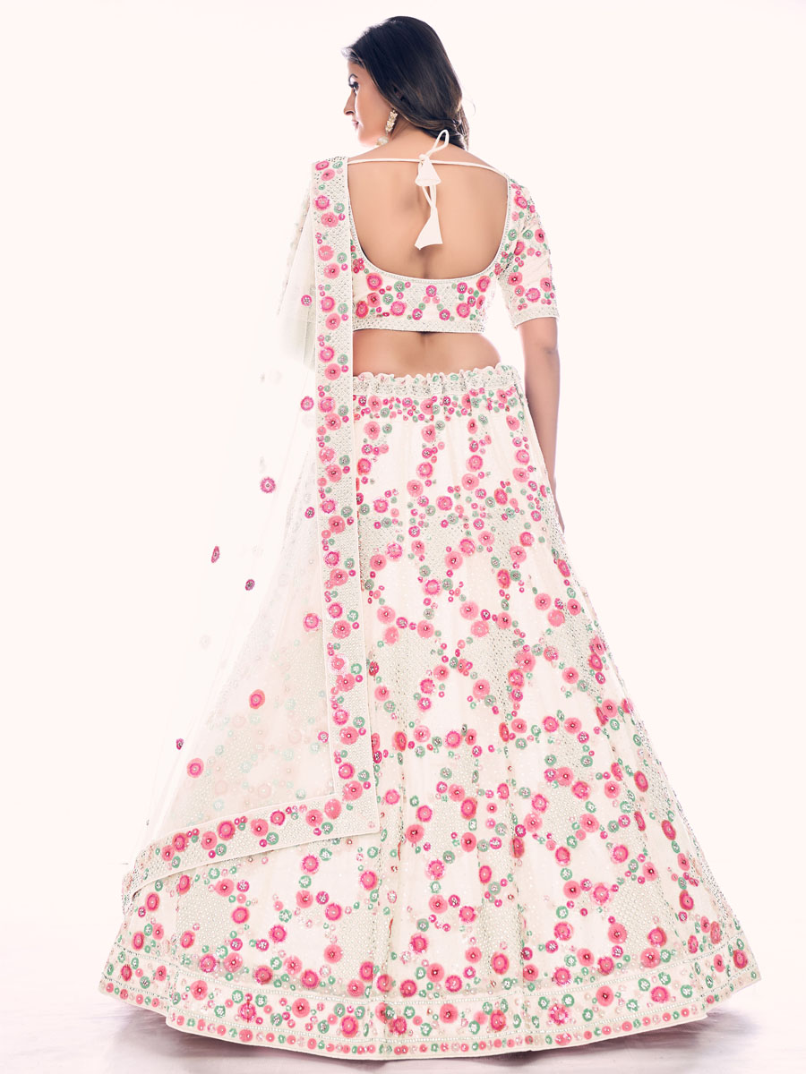 Off White Soft Net Embroidered Bridal Wedding Heavy Border Lehenga Choli