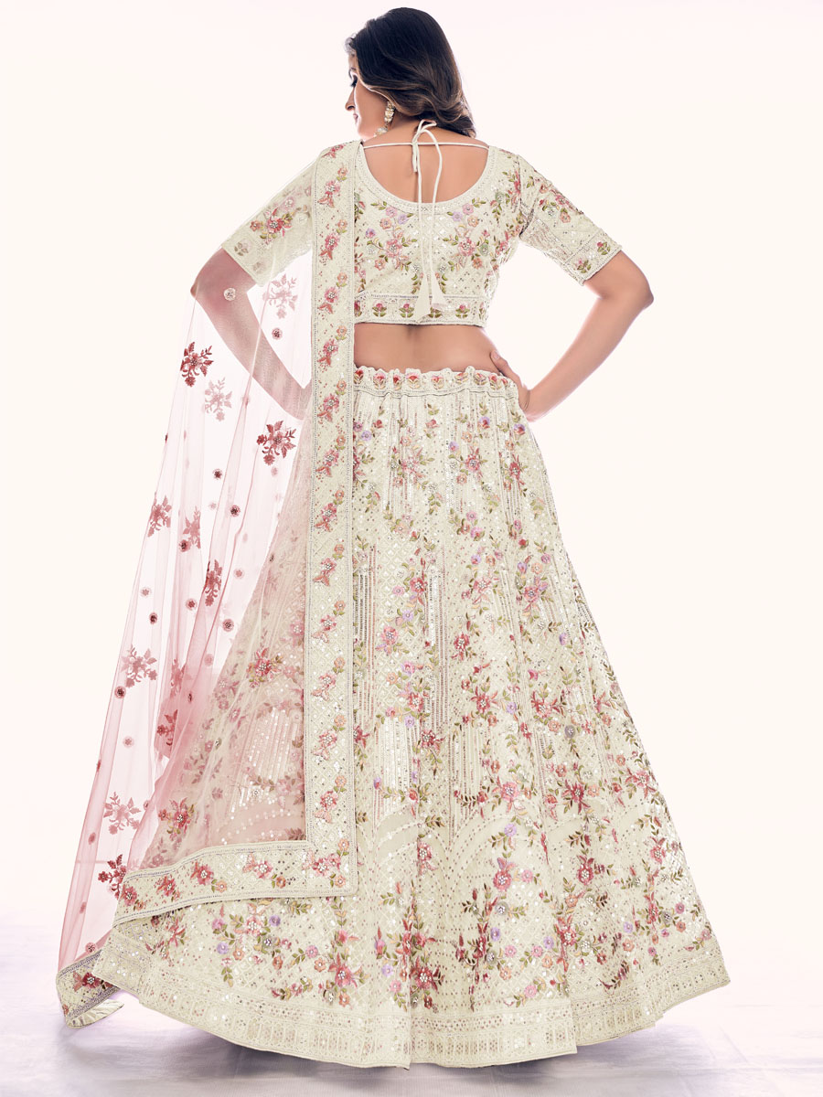 Off White Soft Net Embroidered Bridal Wedding Heavy Border Lehenga Choli