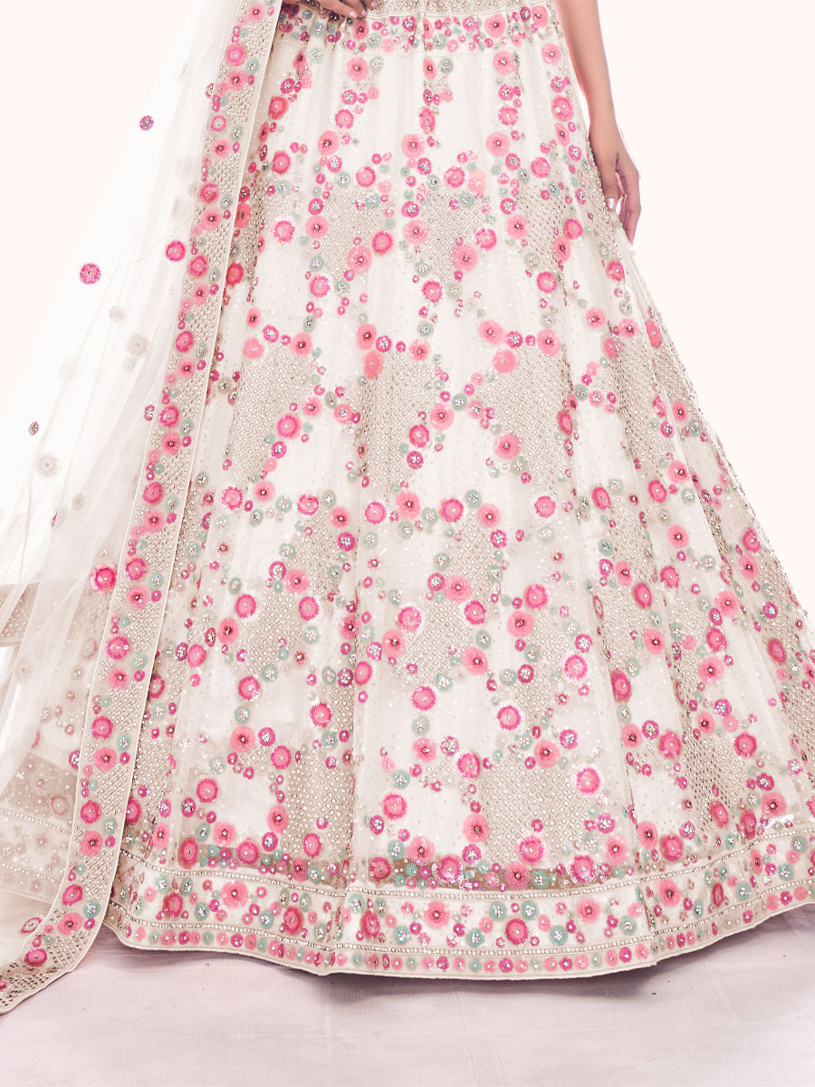 Off White Soft Net Embroidered Bridal Wedding Heavy Border Lehenga Choli