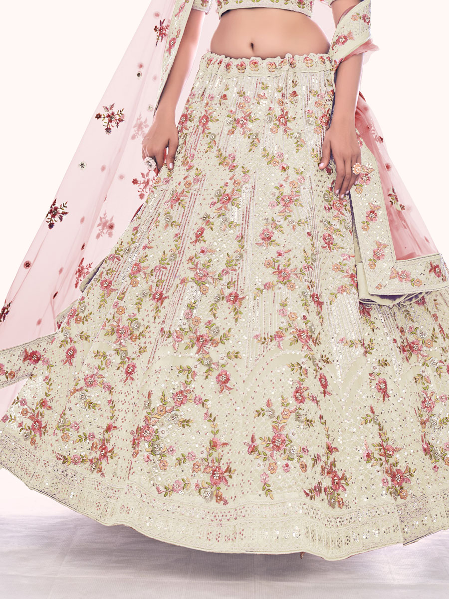 Off White Soft Net Embroidered Bridal Wedding Heavy Border Lehenga Choli