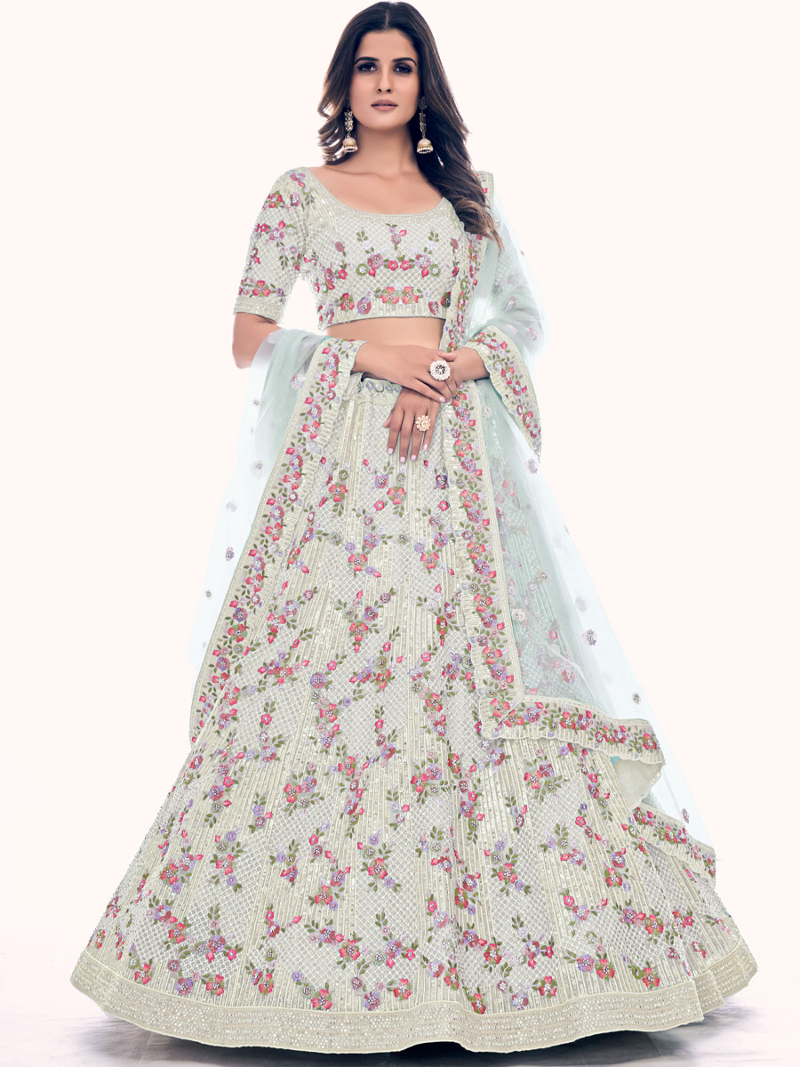 Off White Soft Net Embroidered Bridal Wedding Heavy Border Lehenga Choli