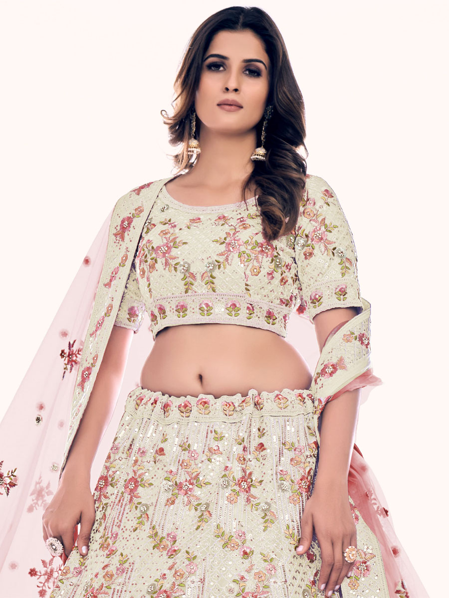 Off White Soft Net Embroidered Bridal Wedding Heavy Border Lehenga Choli