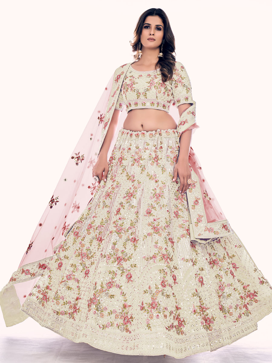 Off White Soft Net Embroidered Bridal Wedding Heavy Border Lehenga Choli