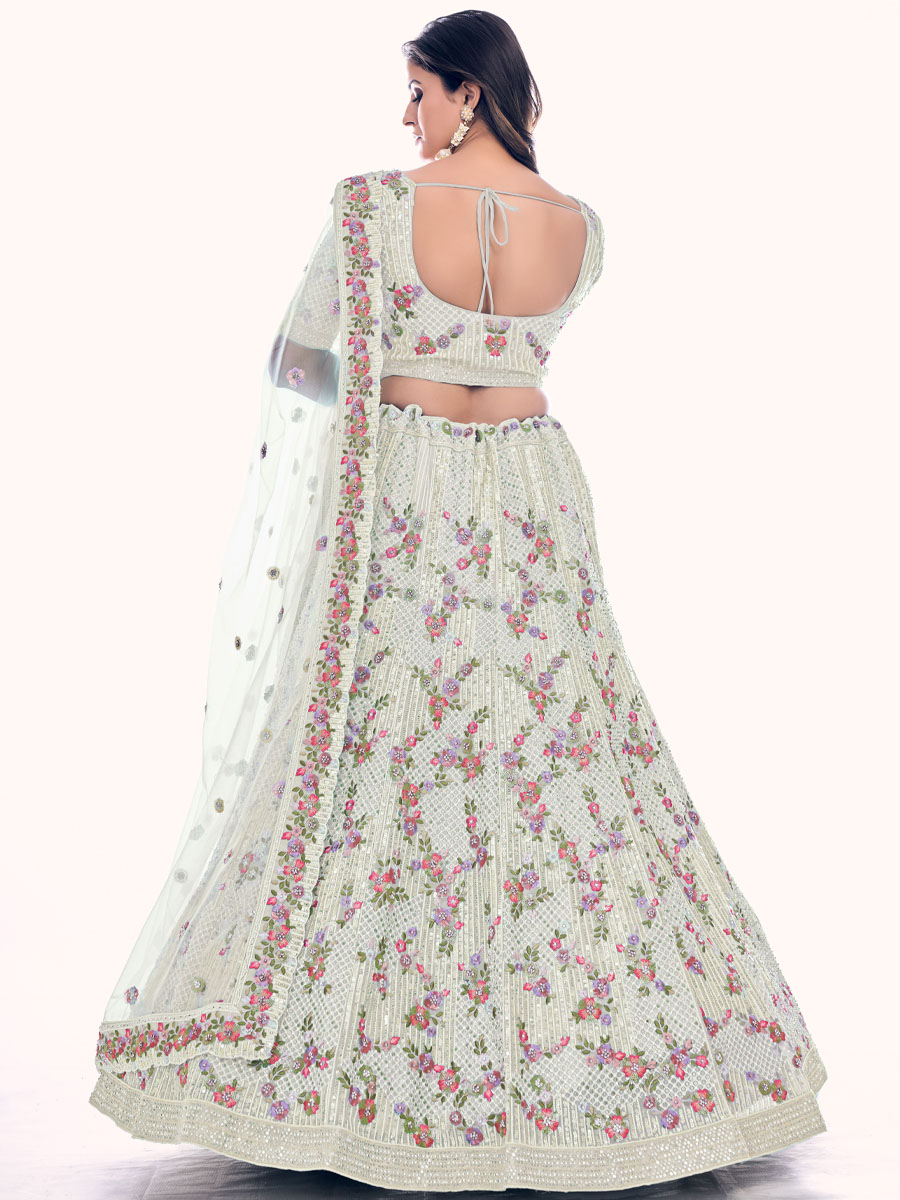 Off White Soft Net Embroidered Bridal Wedding Heavy Border Lehenga Choli