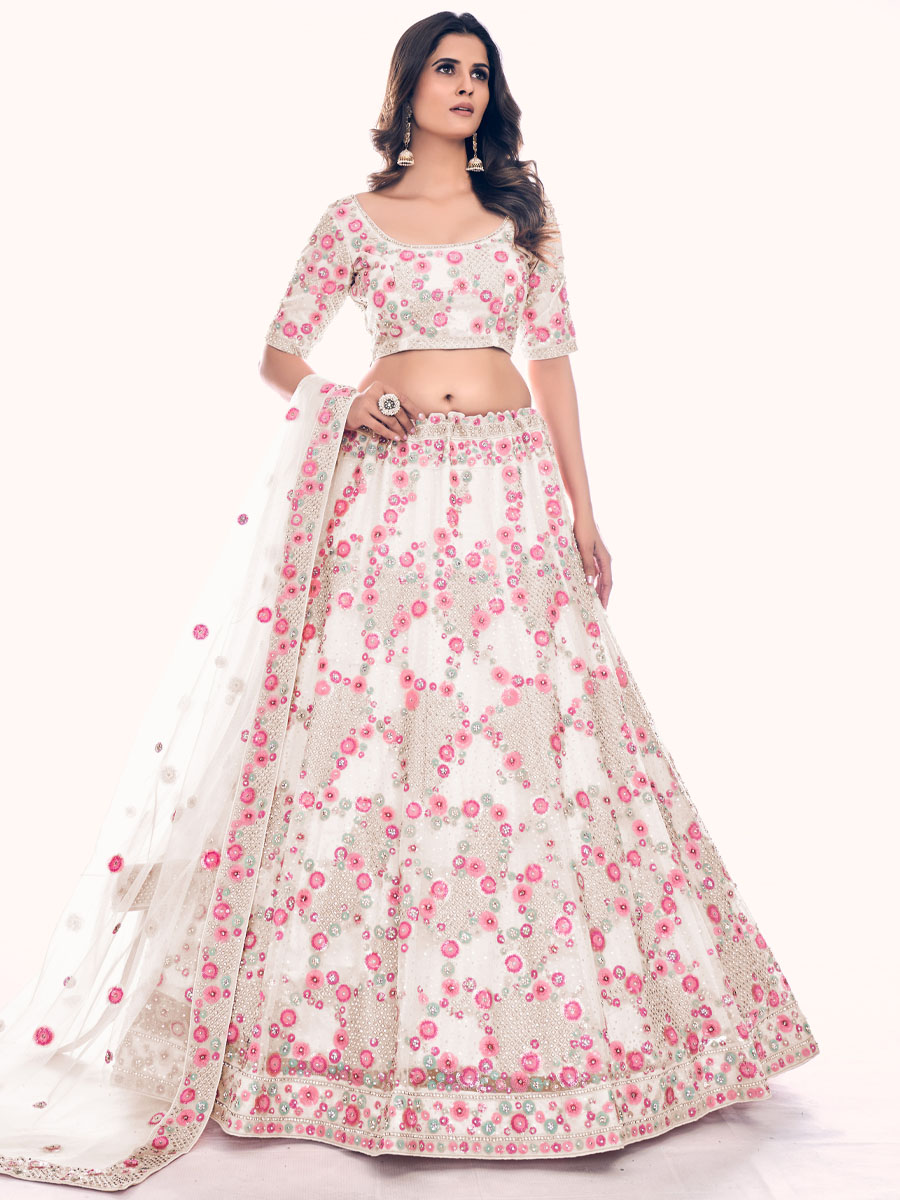 Off White Soft Net Embroidered Bridal Wedding Heavy Border Lehenga Choli