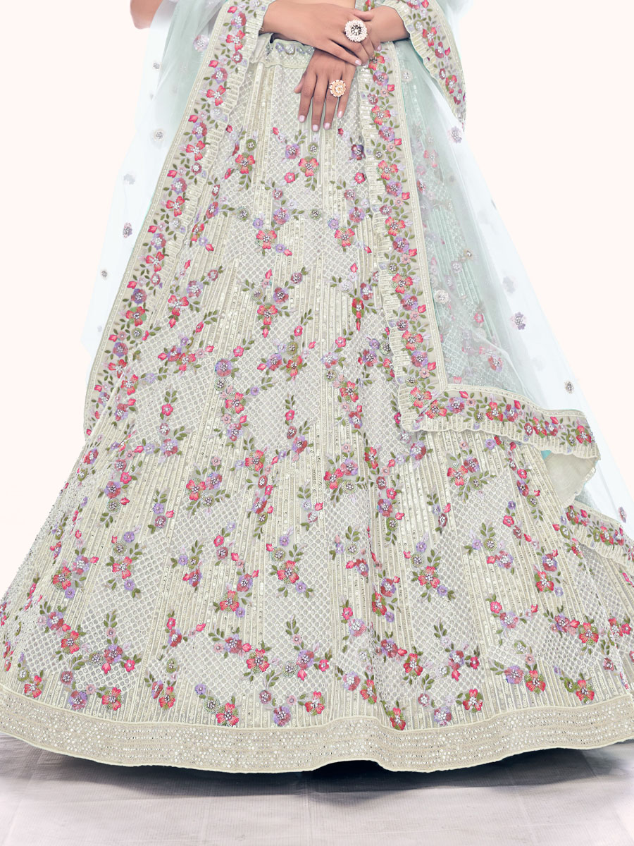Off White Soft Net Embroidered Bridal Wedding Heavy Border Lehenga Choli