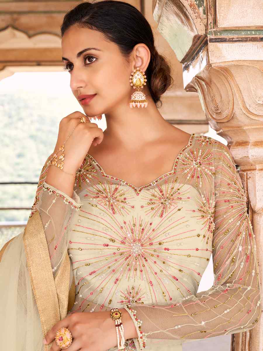 Off White Soft Net Embroidered Festival Party Anarkali Salwar Kameez