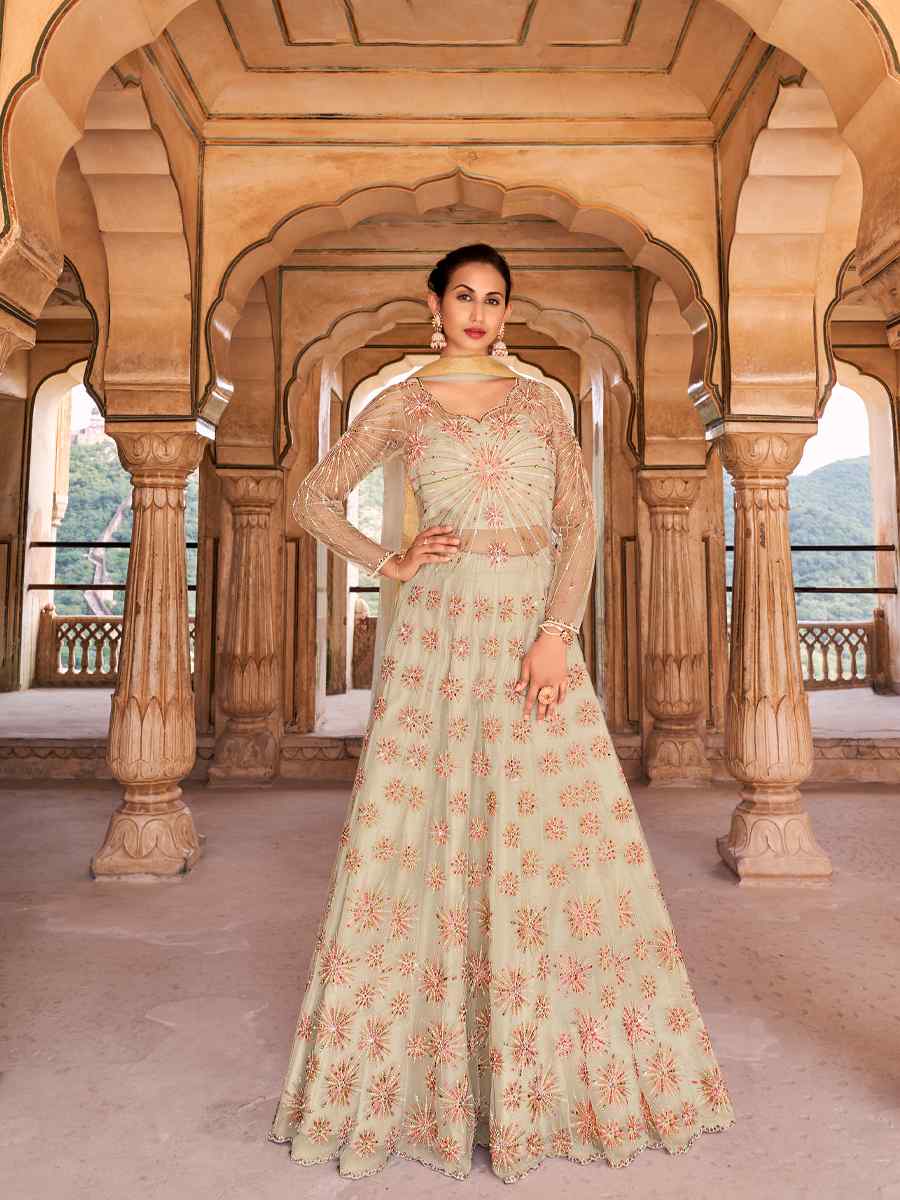 Off White Soft Net Embroidered Festival Party Anarkali Salwar Kameez