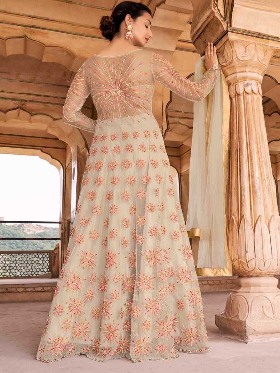 Off White Soft Net Embroidered Festival Party Anarkali Salwar Kameez