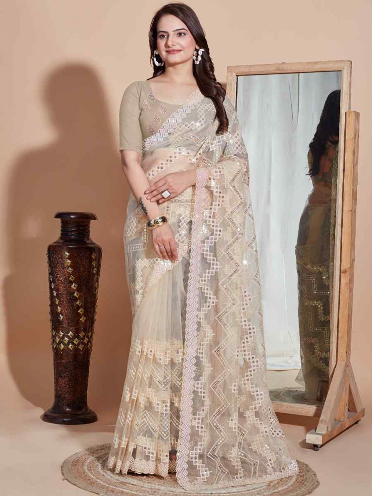 Off White Soft Net Embroidered Party Wedding Classic Style Saree