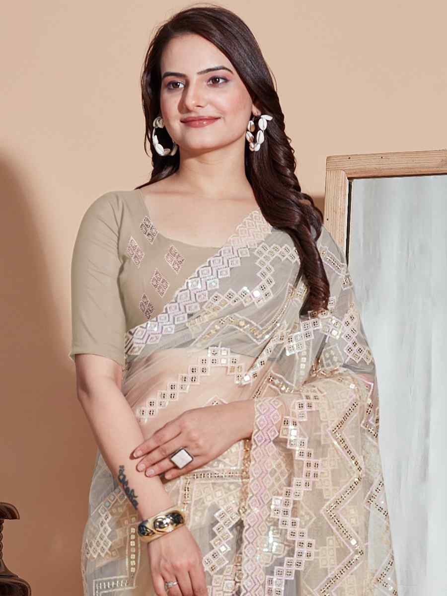 Off White Soft Net Embroidered Party Wedding Classic Style Saree