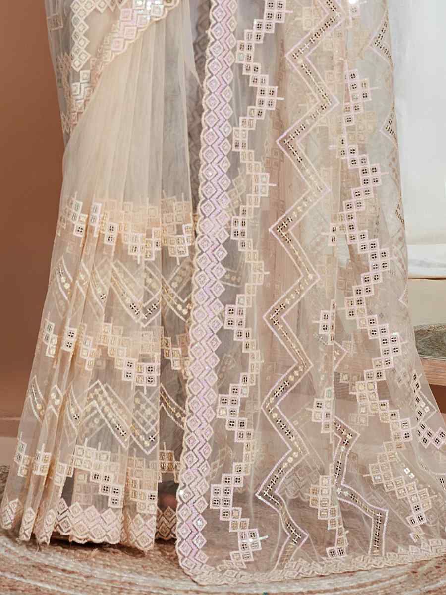 Off White Soft Net Embroidered Party Wedding Classic Style Saree