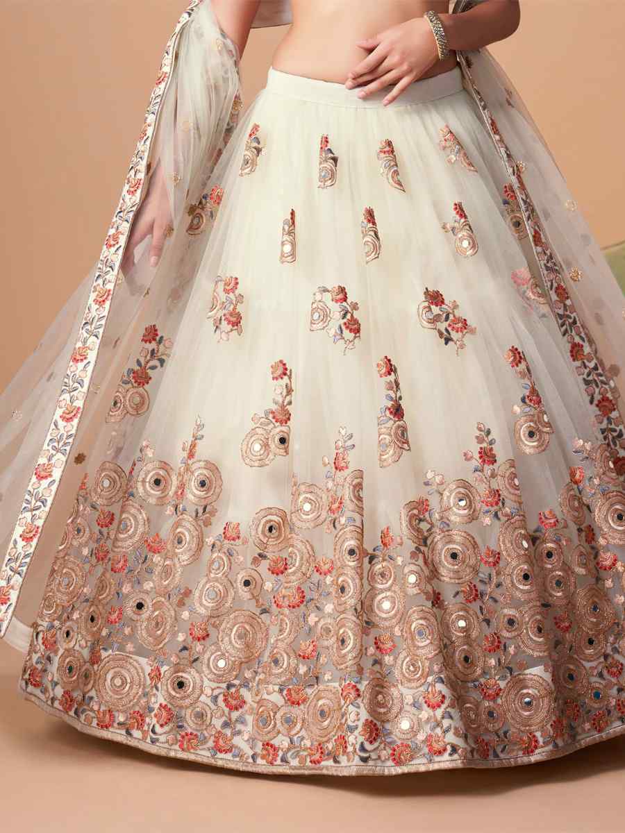 Off White Soft Net Embroidered Reception Festival Heavy Border Lehenga Choli