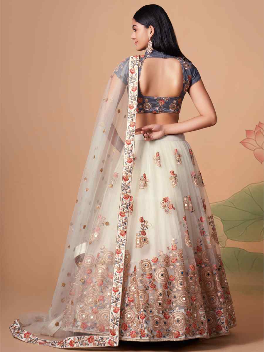 Off White Soft Net Embroidered Reception Festival Heavy Border Lehenga Choli