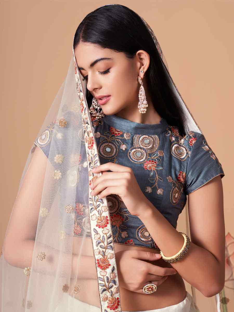 Off White Soft Net Embroidered Reception Festival Heavy Border Lehenga Choli