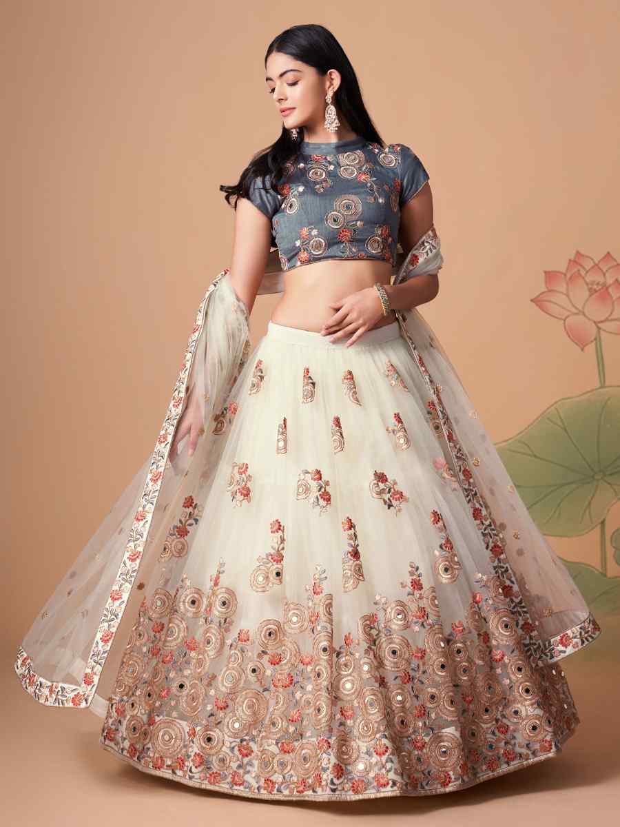 Off White Soft Net Embroidered Reception Festival Heavy Border Lehenga Choli