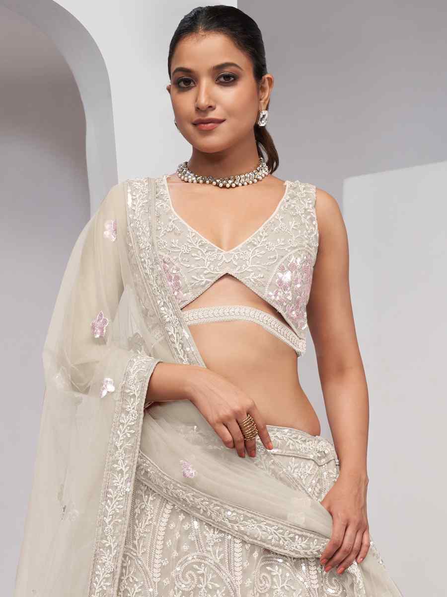 Off White Soft Net Embroidery Bridesmaid Wedding Heavy Border Lehenga Choli