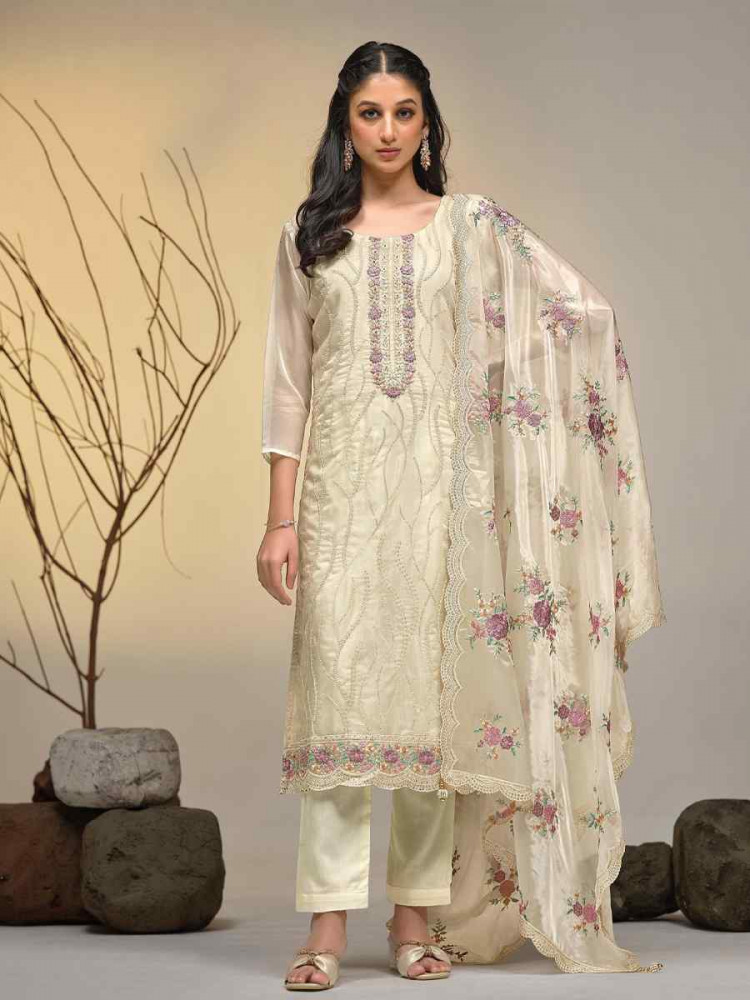 Off-White Soft Organza Embroidered Festival Wedding Pant Salwar Kameez