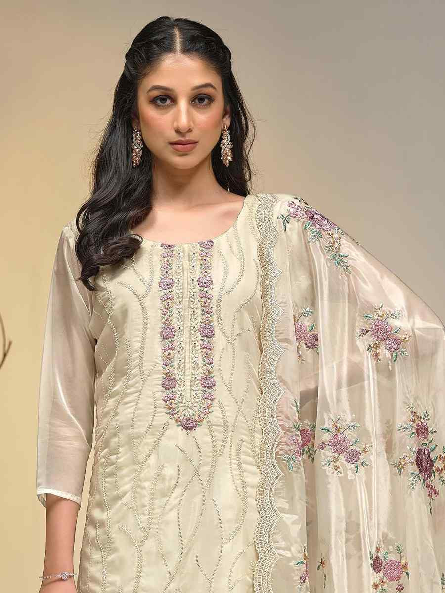 Off-White Soft Organza Embroidered Festival Wedding Pant Salwar Kameez