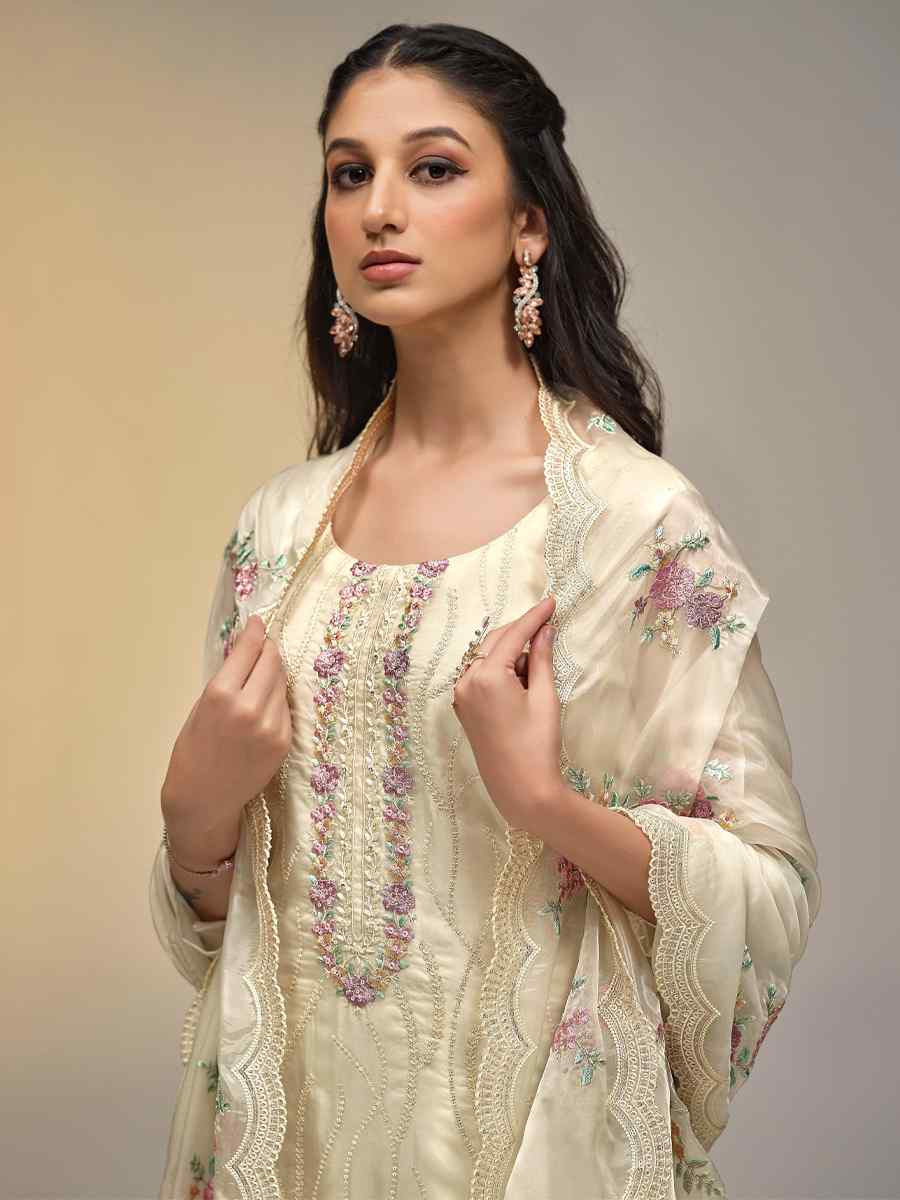 Off-White Soft Organza Embroidered Festival Wedding Pant Salwar Kameez
