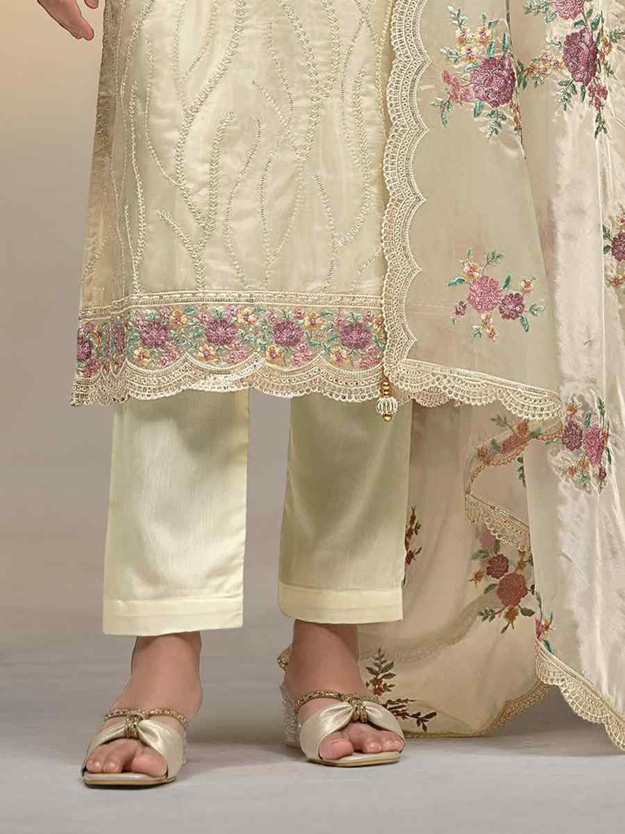 Off-White Soft Organza Embroidered Festival Wedding Pant Salwar Kameez