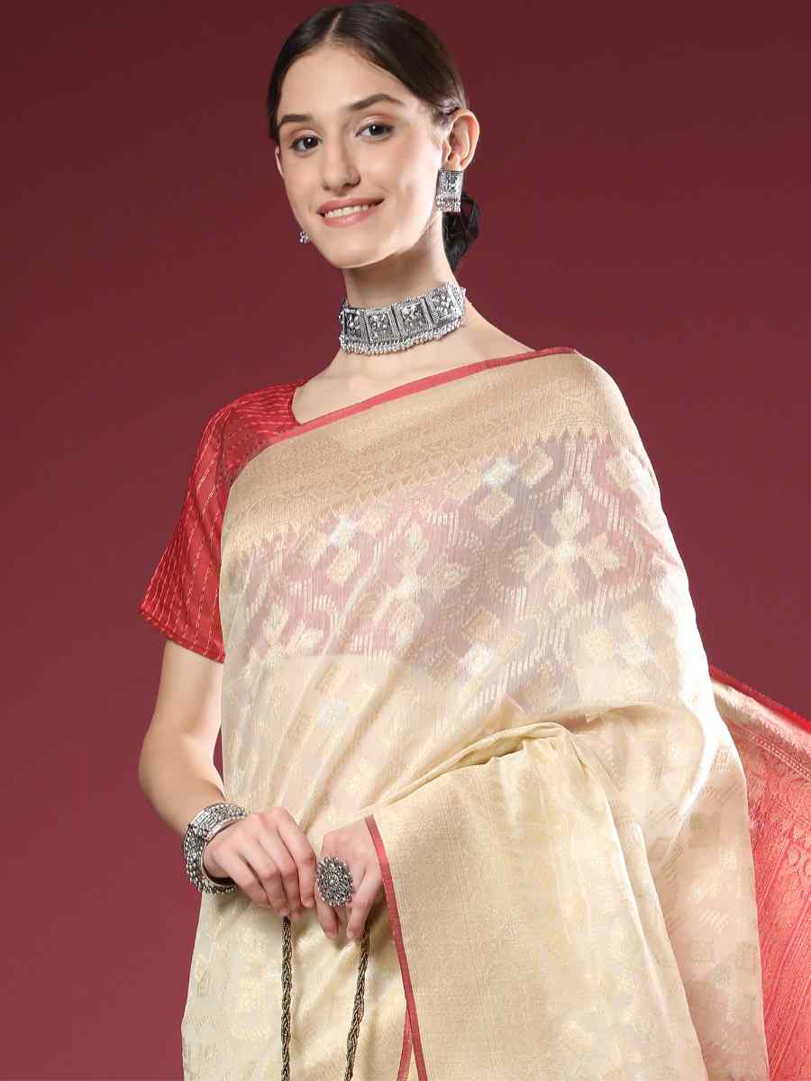Off White Soft Organza Silk Handwoven Wedding Festival Heavy Border Saree
